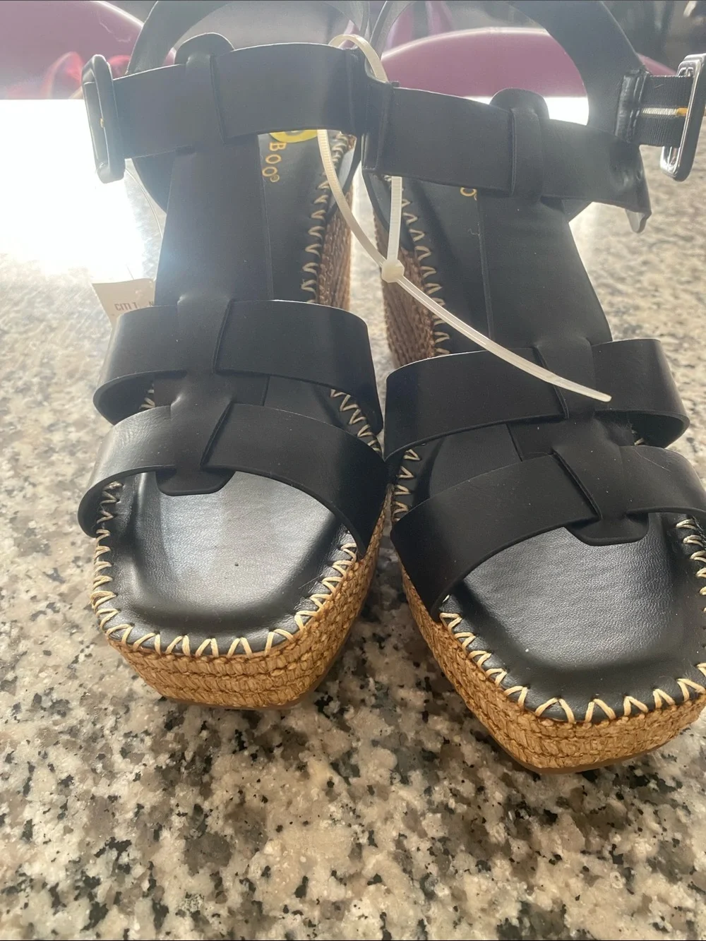BAMBOO Black Wedge Sandals with Woven Platform